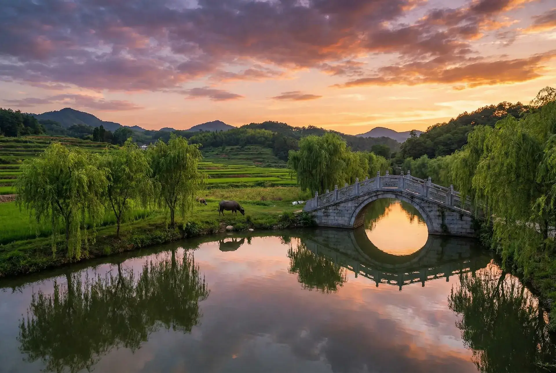 夕阳下的石拱桥与垂柳，水牛在河边吃草 - 情迷干洗店 乡村美景